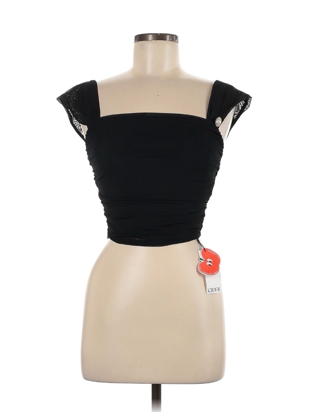 Cider Black Square-Neck Cap Sleeve Ruched Crop Top